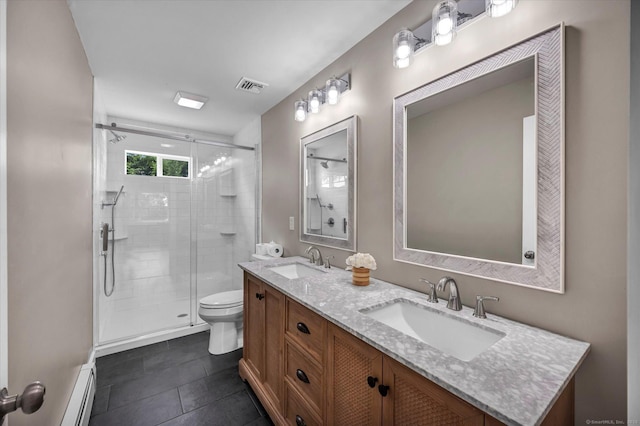 2 Riverview Pl, Cromwell, CT 06416 - full bath with double vanity, a shower stall, tile patterned flooring, and a baseboard heating unit