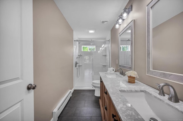 2 Riverview Pl, Cromwell, CT 06416 - bathroom featuring a baseboard heating unit, double vanity, a stall shower, and tile patterned floors