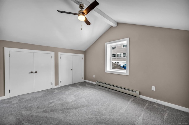 2 Riverview Pl, Cromwell, CT 06416 - unfurnished bedroom featuring baseboard heating, multiple closets, carpet floors, and a ceiling fan