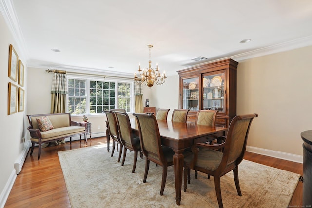 172 Mimosa Cir, Ridgefield, CT 06877 - dining room featuring ornamental molding, a chandelier, a baseboard heating unit, light wood-style flooring, and recessed lighting