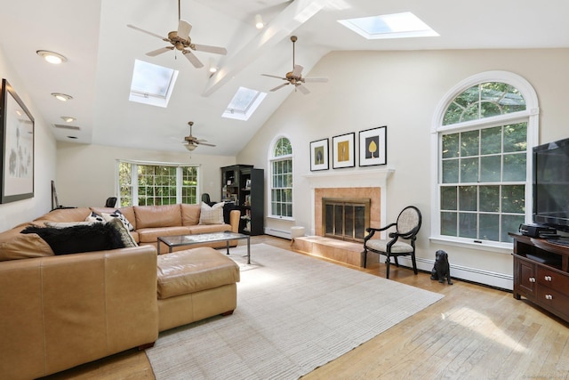 172 Mimosa Cir, Ridgefield, CT 06877 - living room featuring a skylight, hardwood / wood-style floors, ceiling fan, a high end fireplace, and high vaulted ceiling