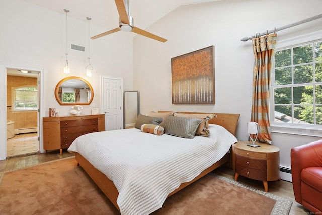 172 Mimosa Cir, Ridgefield, CT 06877 - bedroom featuring wood finished floors, a baseboard radiator, multiple windows, and high vaulted ceiling