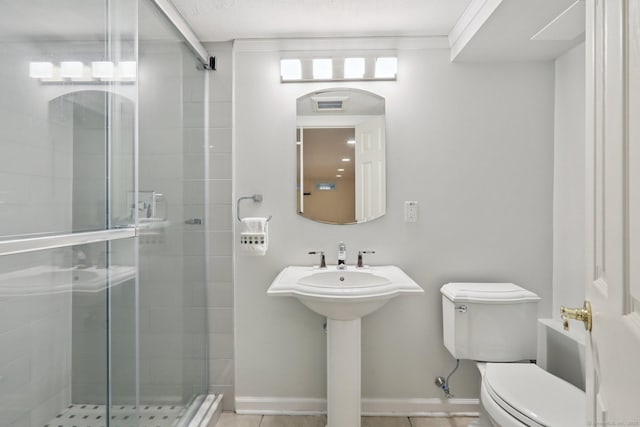 172 Mimosa Cir, Ridgefield, CT 06877 - bathroom featuring a stall shower, tile patterned floors, and ornamental molding
