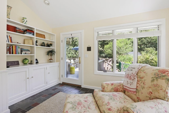 172 Mimosa Cir, Ridgefield, CT 06877 - doorway to outside with healthy amount of natural light, stone tile floors, and vaulted ceiling