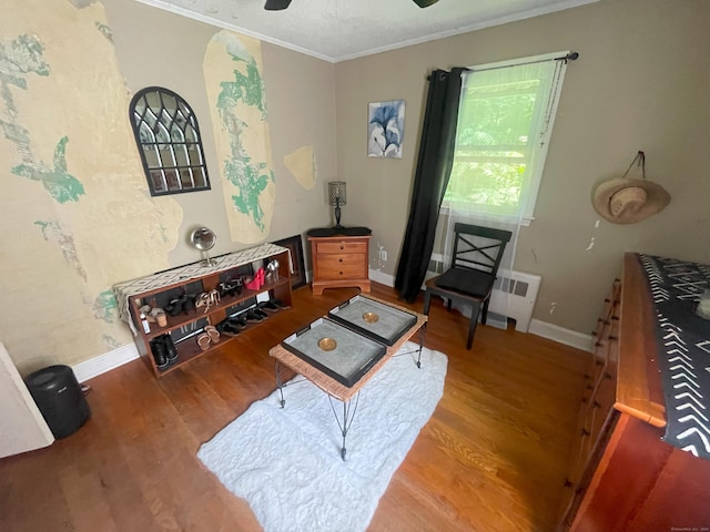 19 Upper Butcher Rd, Ellington, CT 06029 - living area featuring wood finished floors, ornamental molding, radiator, and ceiling fan