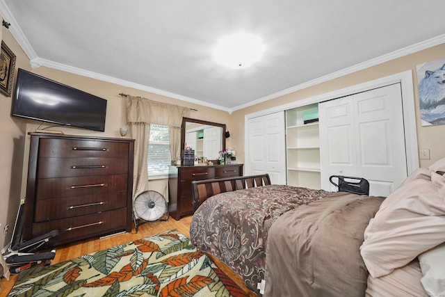229 Hauser St, Waterbury, CT 06704 - bedroom with crown molding, light wood-style flooring, and a closet