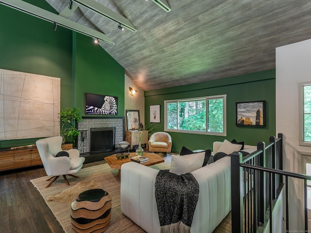 40 Revere Rd, Washington, CT 06793 - living room featuring lofted ceiling, plenty of natural light, rail lighting, wood finished floors, and a brick fireplace