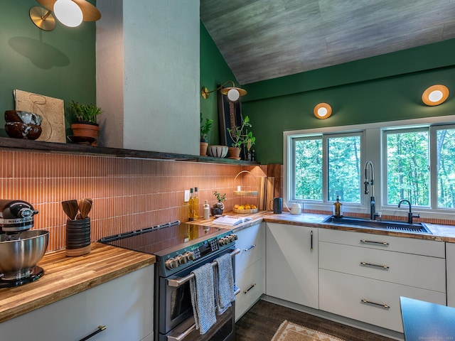 40 Revere Rd, Washington, CT 06793 - kitchen with stainless steel electric range, white cabinetry, tasteful backsplash, dark wood-style flooring, and wooden counters