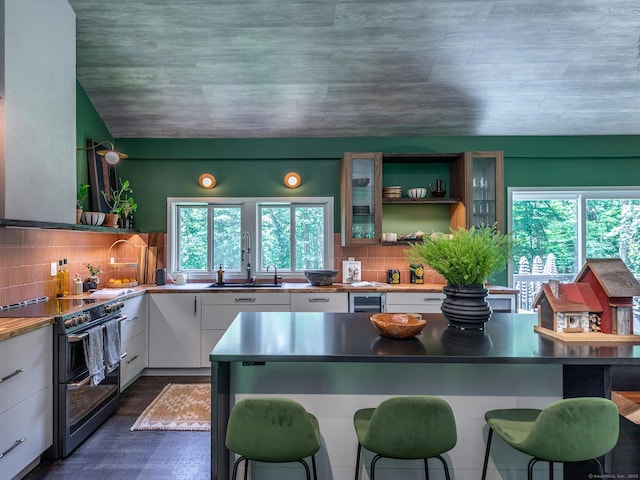 40 Revere Rd, Washington, CT 06793 - kitchen with double oven range, white cabinetry, a kitchen bar, and open shelves