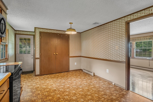 18 Saint Joseph Ct, Groton, CT 06340 - unfurnished dining area featuring wallpapered walls, a textured ceiling, crown molding, a baseboard radiator, and baseboard heating