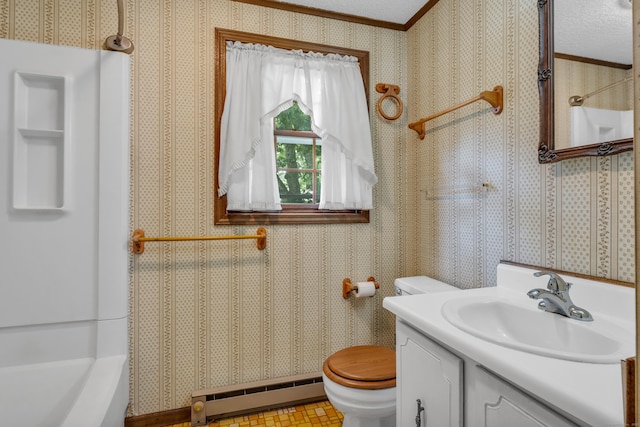 18 Saint Joseph Ct, Groton, CT 06340 - full bath featuring a baseboard heating unit, crown molding, wallpapered walls, vanity, and a shower
