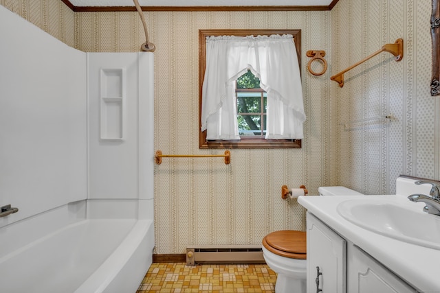 18 Saint Joseph Ct, Groton, CT 06340 - full bathroom with a baseboard heating unit, wallpapered walls, vanity, and bathing tub / shower combination