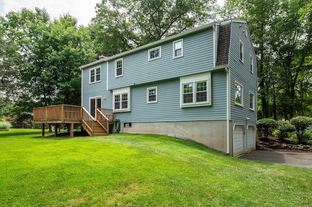 30 Streamview Cir, Guilford, CT 06437 - back of house featuring an attached garage, a deck, driveway, a chimney, and stairs