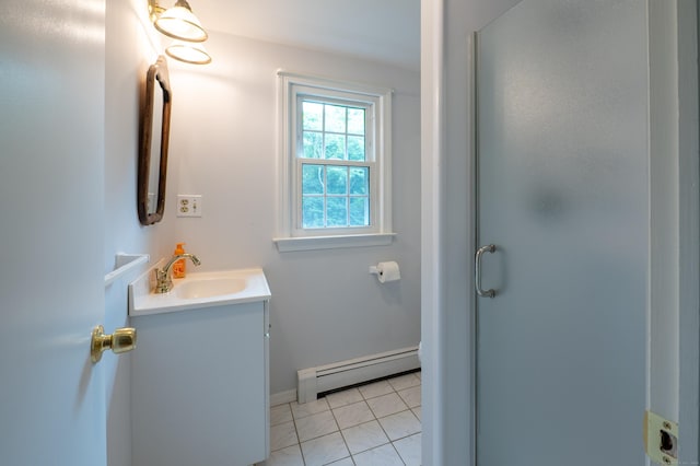 30 Streamview Cir, Guilford, CT 06437 - bathroom with baseboard heating, vanity, a shower stall, and tile patterned floors
