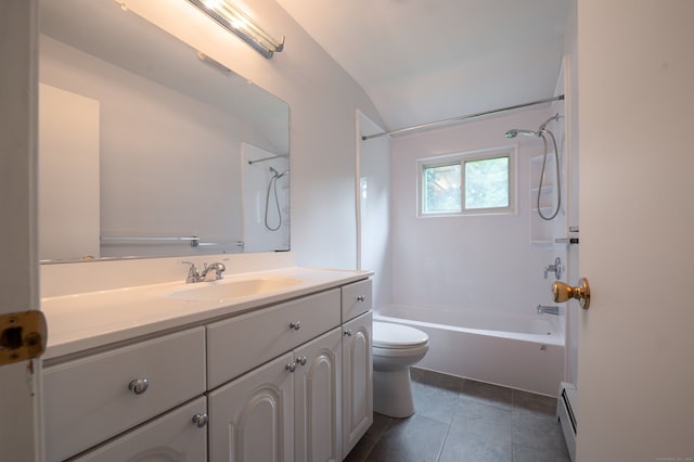 30 Streamview Cir, Guilford, CT 06437 - full bathroom with vanity,  shower combination, a baseboard heating unit, vaulted ceiling, and tile patterned floors
