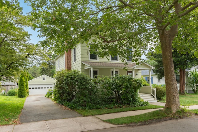 45 Graves Ave, Guilford, CT 06437 - view of property hidden behind natural elements featuring a detached garage, an outdoor structure, and covered porch