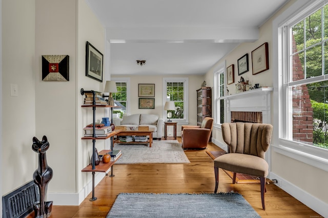 45 Graves Ave, Guilford, CT 06437 - living area featuring healthy amount of natural light, wood finished floors, a fireplace, and beam ceiling