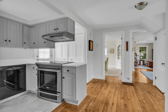 45 Graves Ave, Guilford, CT 06437 - kitchen featuring stainless steel range with electric cooktop, range hood, dishwasher, gray cabinets, and light countertops