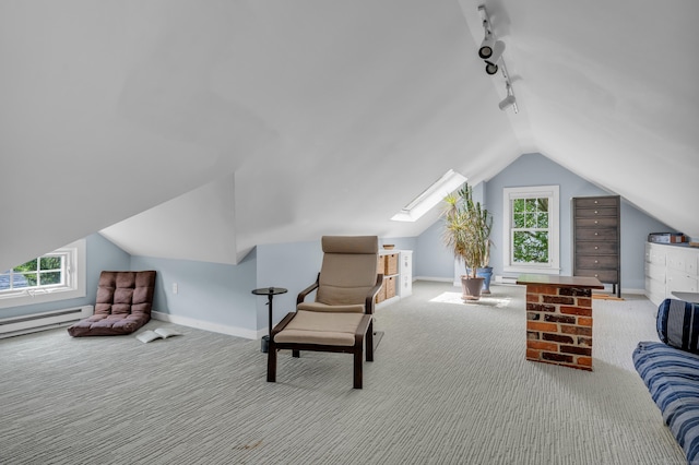 45 Graves Ave, Guilford, CT 06437 - bedroom with track lighting, carpet floors, a baseboard heating unit, lofted ceiling, and multiple windows