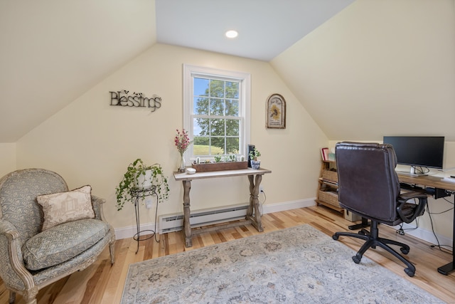 40 Briggs Rd, Lebanon, CT 06249 - office area with a baseboard heating unit, lofted ceiling, and wood finished floors