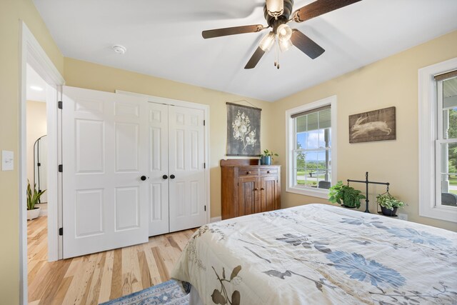 40 Briggs Rd, Lebanon, CT 06249 - bedroom featuring multiple windows, light wood-style floors, a closet, and ceiling fan