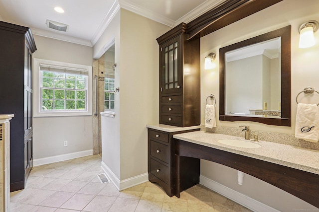 25 Encampment Pl, Ridgefield, CT 06877 - bathroom featuring ornamental molding, vanity, tile patterned floors, and a shower