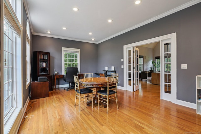 25 Encampment Pl, Ridgefield, CT 06877 - dining area featuring french doors, light wood-style flooring, crown molding, recessed lighting, and a desk