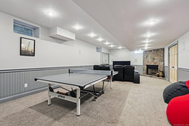 25 Encampment Pl, Ridgefield, CT 06877 - playroom featuring a fireplace, carpet floors, and a wainscoted wall