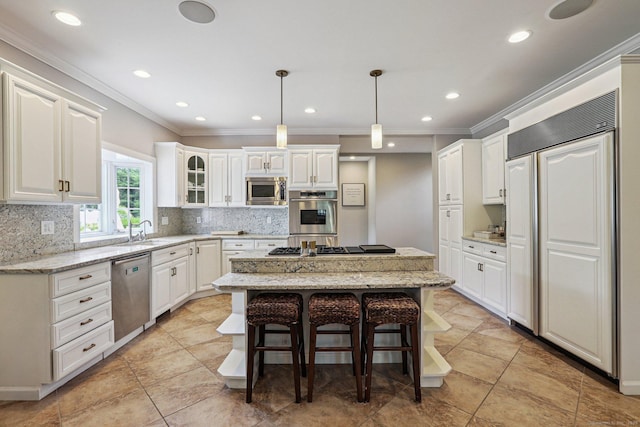 25 Encampment Pl, Ridgefield, CT 06877 - kitchen with built in appliances, ornamental molding, backsplash, white cabinets, and recessed lighting