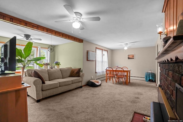 53 Cleveland St, Putnam, CT 06260 - living area featuring a ceiling fan, light colored carpet, and a glass covered fireplace