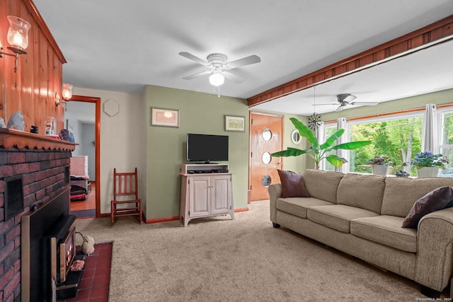53 Cleveland St, Putnam, CT 06260 - living area with a ceiling fan, carpet, and a brick fireplace