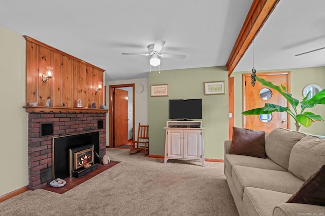 53 Cleveland St, Putnam, CT 06260 - living area with a ceiling fan, carpet flooring, and a brick fireplace