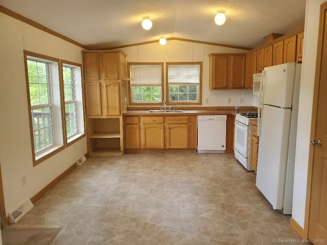 252 Old Canterbury Tpke Lot 19, Norwich, CT 06360 - kitchen featuring white appliances, lofted ceiling, light stone finish floors, and ornamental molding