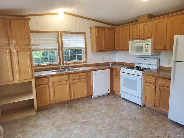 252 Old Canterbury Tpke Lot 19, Norwich, CT 06360 - kitchen with white appliances, vaulted ceiling, and light stone finish flooring