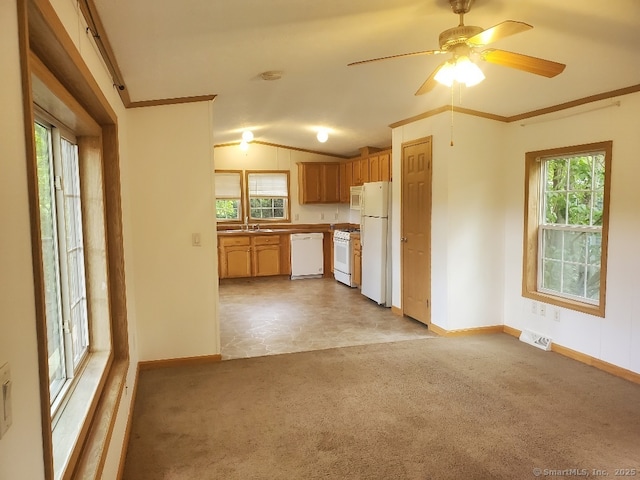 252 Old Canterbury Tpke Lot 19, Norwich, CT 06360 - kitchen with white appliances, lofted ceiling, light colored carpet, ornamental molding, and ceiling fan