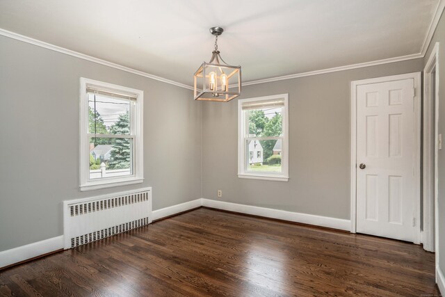 30 Jackson Ave, West Hartford, CT 06110 - empty room featuring radiator heating unit, a chandelier, ornamental molding, and dark wood-type flooring