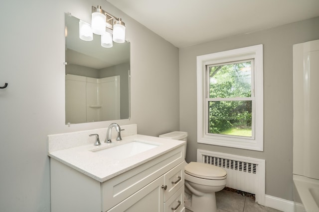 30 Jackson Ave, West Hartford, CT 06110 - full bath featuring radiator, vanity, a shower, a tub, and tile patterned floors