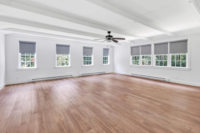 39 Clover Dr, Wilton, CT 06897 - empty room with a baseboard radiator, plenty of natural light, ceiling fan, beamed ceiling, and light wood-style floors