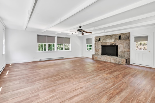39 Clover Dr, Wilton, CT 06897 - unfurnished living room featuring baseboard heating, healthy amount of natural light, beamed ceiling, light wood finished floors, and a ceiling fan