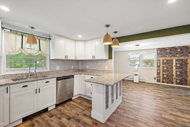 70 Laurel Hill Dr, Woodstock, CT 06282 - kitchen with dishwasher, a peninsula, white cabinetry, dark wood-style flooring, and decorative backsplash