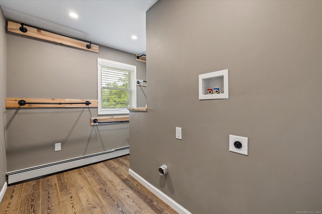70 Laurel Hill Dr, Woodstock, CT 06282 - washroom featuring a baseboard heating unit, electric dryer hookup, hookup for a washing machine, wood finished floors, and recessed lighting