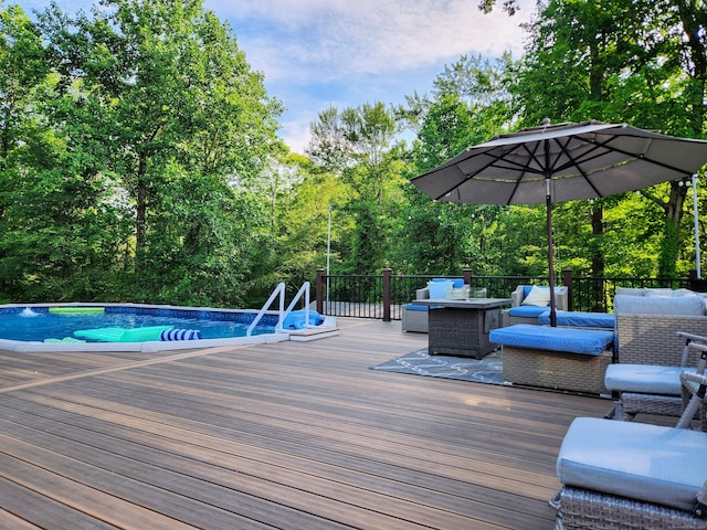 3 Old Woods Rd, Brookfield, CT 06804 - wooden deck with an outdoor hangout area, an outdoor pool, and view of scattered trees