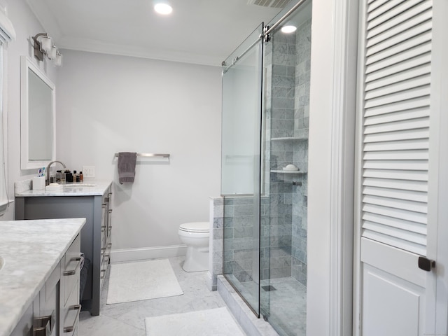 3 Old Woods Rd, Brookfield, CT 06804 - full bathroom featuring vanity, a stall shower, ornamental molding, marble look tiles, and recessed lighting
