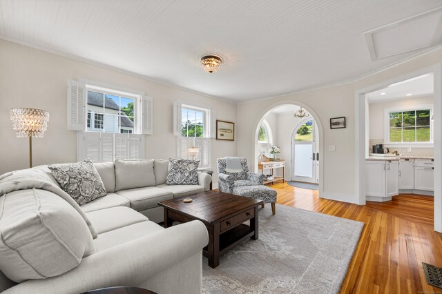 5 S Main St, Essex, CT 06426 - living room with light wood-style flooring, arched walkways, and ornamental molding