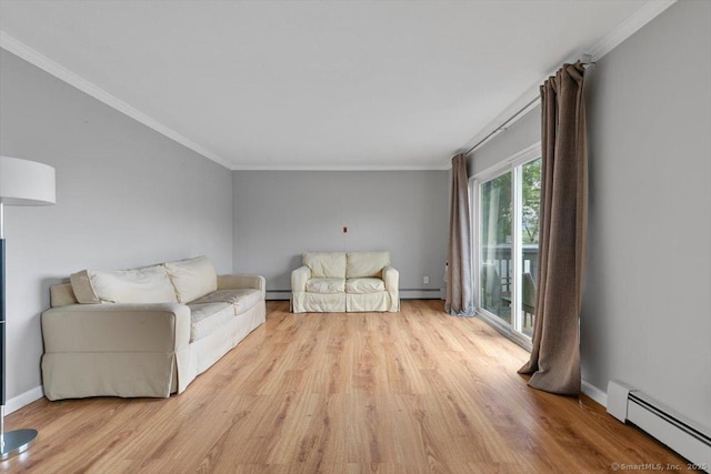 153 Marconi Ave Unit 153, Bridgeport, CT 06606 - living area with baseboard heating, a baseboard heating unit, wood finished floors, and crown molding