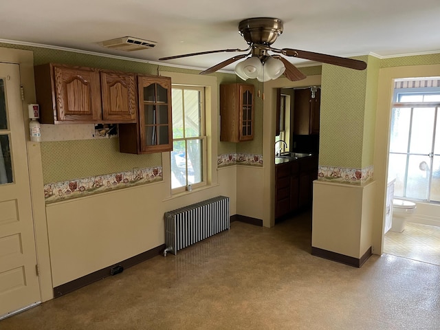 57 New Britain Ave, Farmington, CT 06085 - kitchen with radiator, glass insert cabinets, crown molding, plenty of natural light, and brown cabinetry