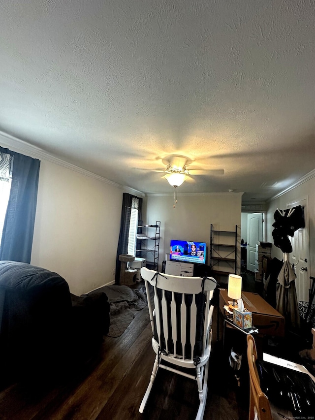435 High St Lot 10, Groton, CT 06355 - dining room with crown molding, a textured ceiling, dark wood-style flooring, and a ceiling fan