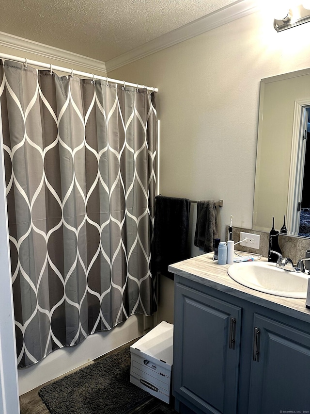 435 High St Lot 10, Groton, CT 06355 - bathroom with vanity, crown molding, a shower with shower curtain, and a textured ceiling