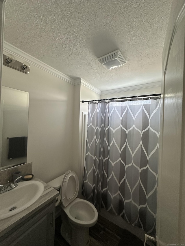 435 High St Lot 10, Groton, CT 06355 - bathroom with crown molding, vanity, a textured ceiling, and curtained shower