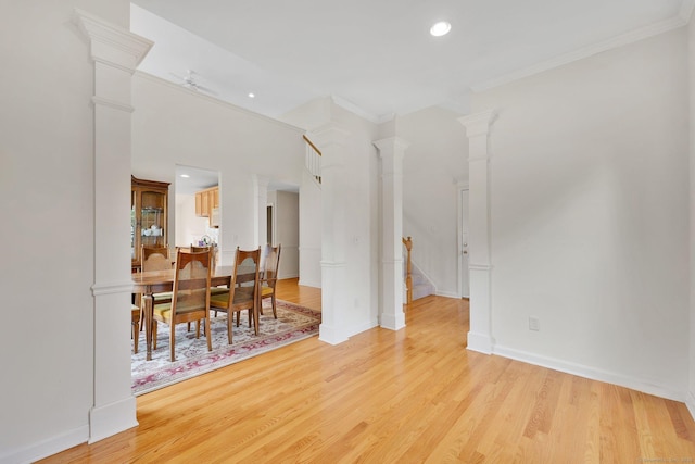 6 Mountainview Cir Unit 6, Ellington, CT 06029 - dining area featuring ornamental molding, stairway, decorative columns, light wood-style flooring, and recessed lighting